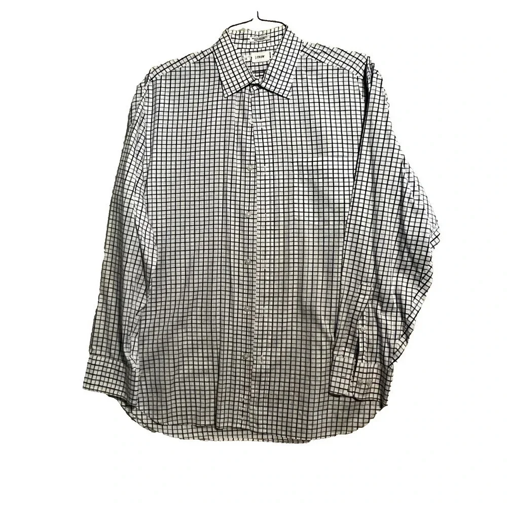 J Crew M 15-15 1/2 long sleeve white blue checked cotton